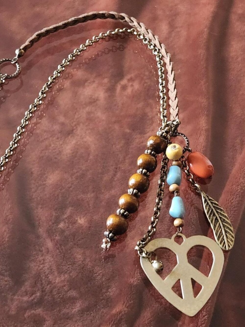 Vintage Boho Long Multi-colored Chain & Faux Leather Heart Peace Sign Necklace